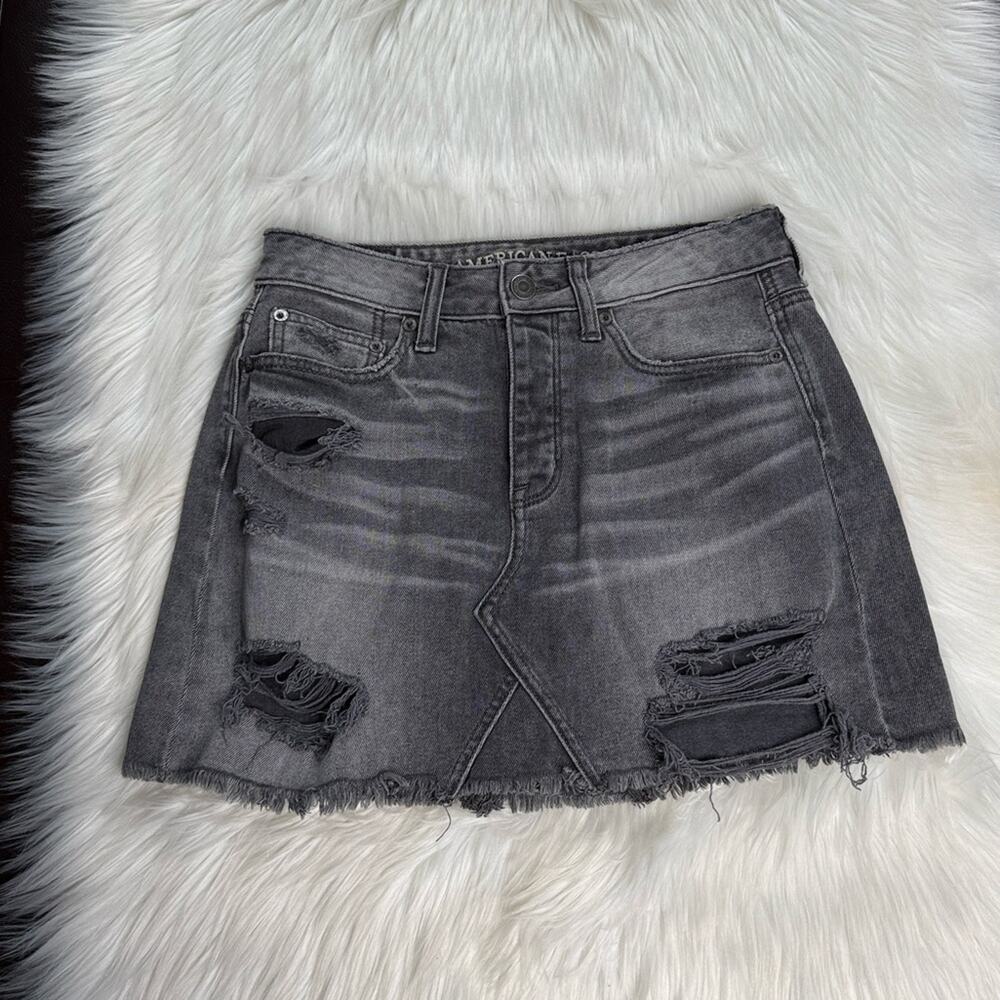American Eagle Distressed Gray Denim Mini Skirt